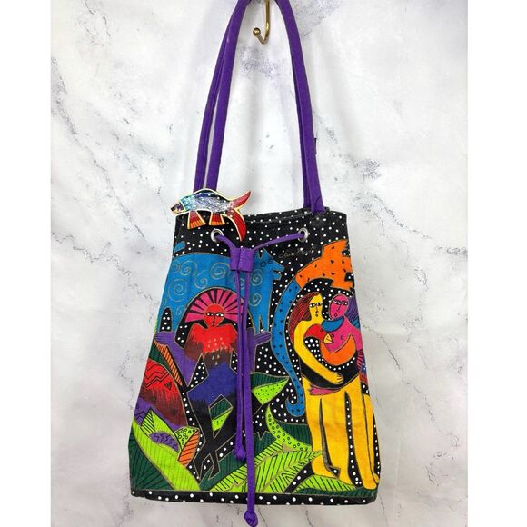 Vtg 90s LAUREL BURCH Tote Bag Drawstring Bucket Canvas Cat Retro Folk Art Artist - Picture 2 of 16